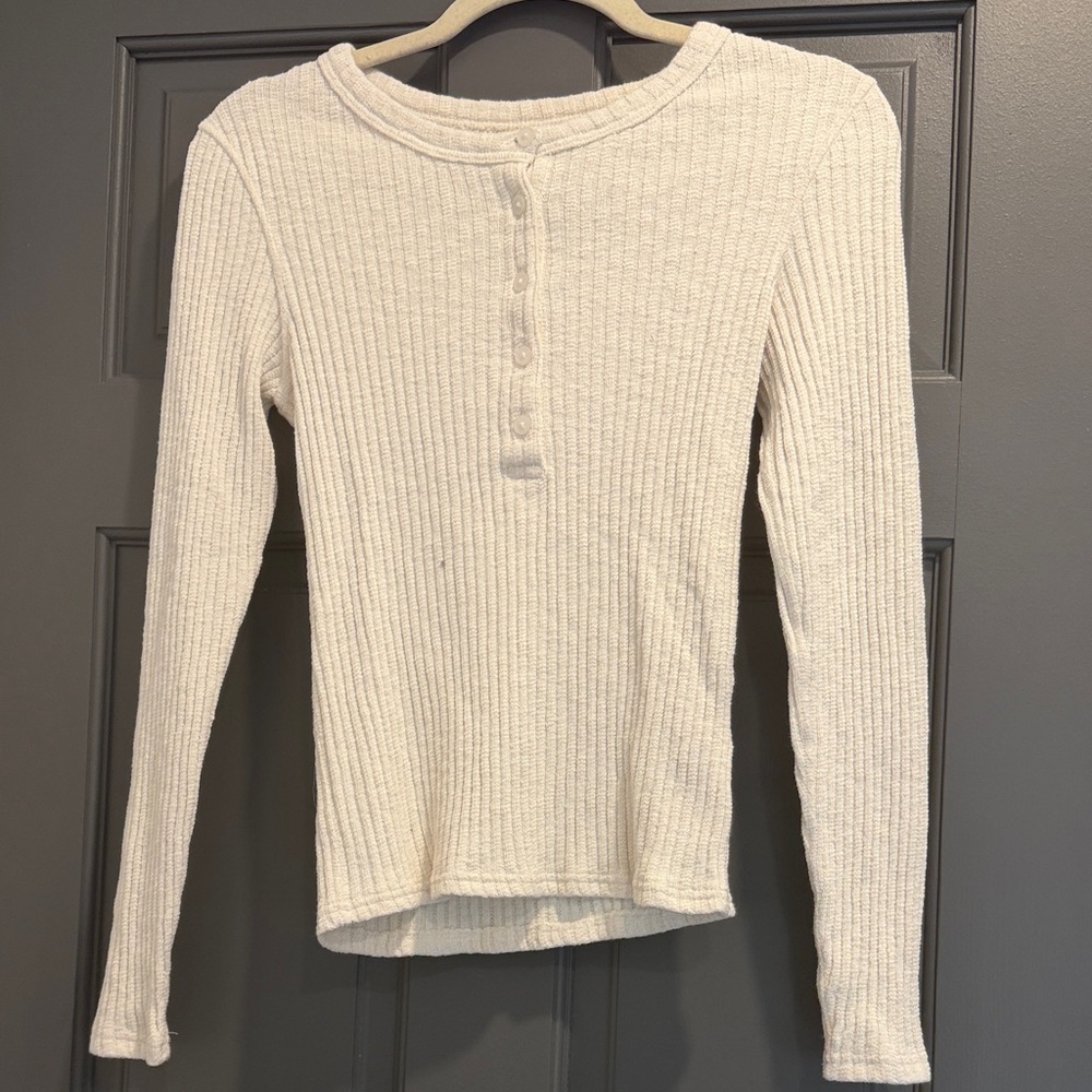 Everlane Cream Buttoned Ribbed Long Sleeve Top